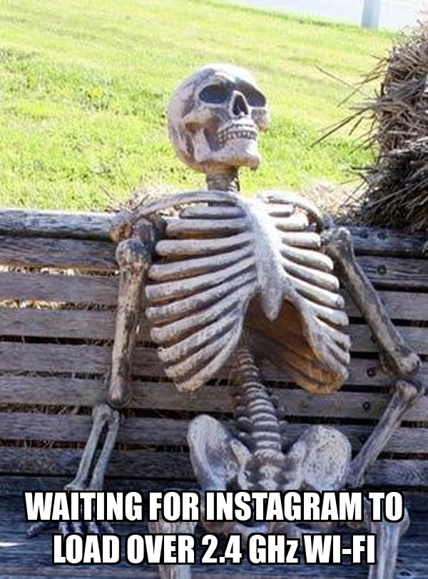 The 'waiting skeleton' meme — a skeleton sitting on a bench as if it has been waiting forever — captioned 'WAITING FOR INSTAGRAM TO LOAD OVER 2.4 GHz WI-FI'